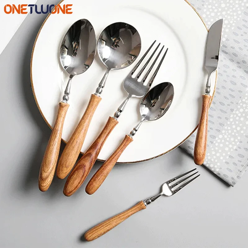 24Pcs Cutlery Se,High-end Wooden Handle Tableware Set,304 Stainless Steel Metal Head, Easy to Clean,Flatware Set