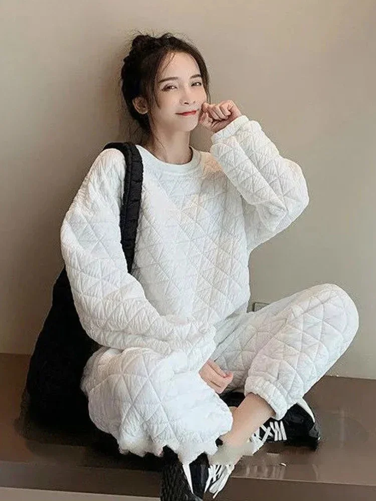 Quilted Sweatshirt O- Neck 2 Piece Set Thicken Warm Casual Thick Pullover Top Conjunto Baggy Wide Leg Ankle-length Jogger Outfit