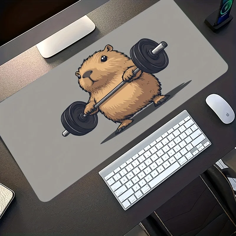 

A Large Electronic Sports Gaming Mouse Pad Featuring a Capybara Weightlifting Cartoon Art Design