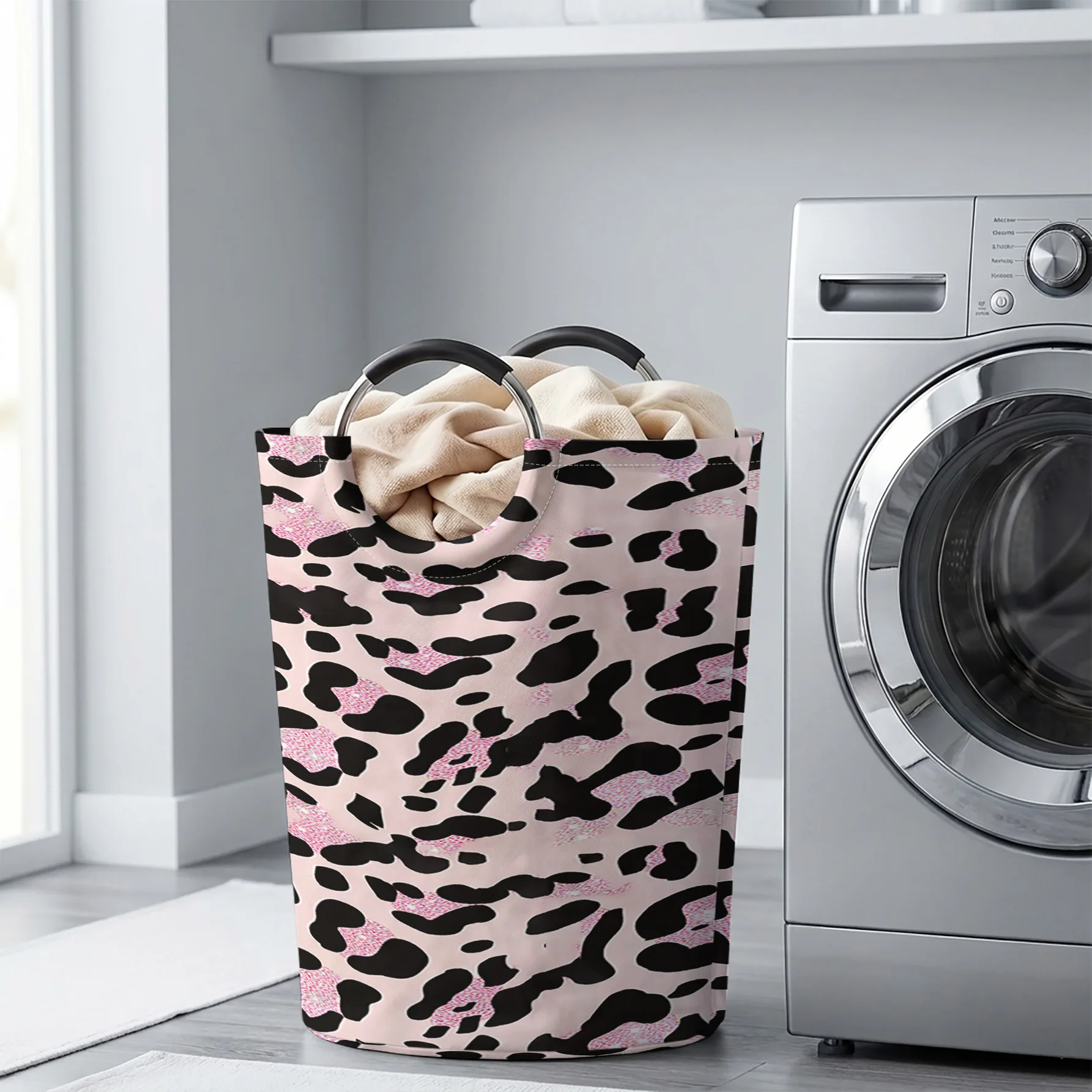 Pink‑Black Leopard All‑Over Print Handheld Storage Basket, For Laundry, Bedroom & Home Sundries Storage