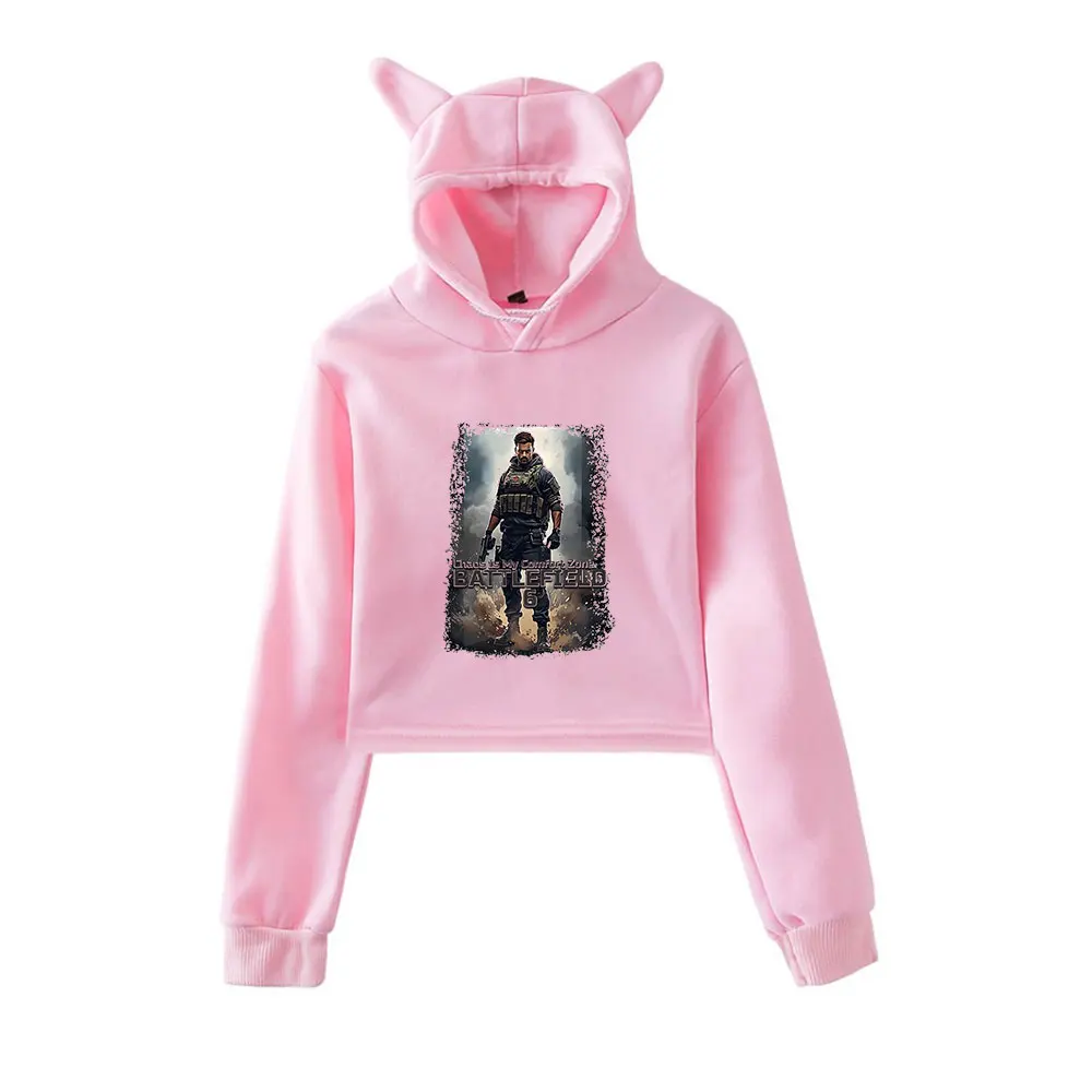 

Battlefield 6 Merch винтажная уличная одежда 90-х годов с логотипом, толстовки с капюшоном для девочек, укороченный модный спортивный пуловер с кошачьими ушками