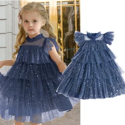 2024 New Girls Dress Stars Sequin Layered Dress Kids Birthday Party Princess Dresses Fashion Children's Holiday Casual Clothing