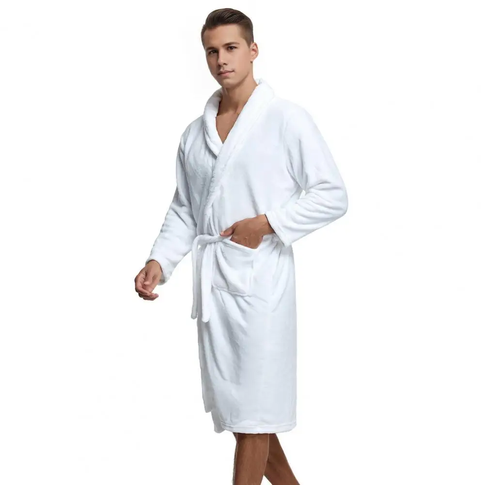 Flexible Nightwear Bath Robe Cozy Flannel Nightgown with Pockets Lace-up Front for Men Knee-length Bathrobe Lounge for Relaxing