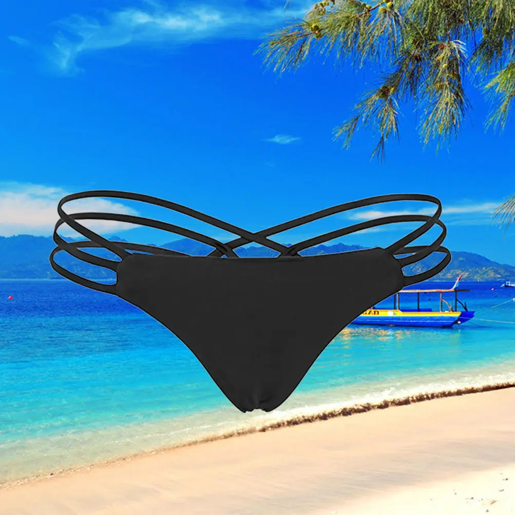 Sexy Strappy Bikini Thong Swim Bottoms Brief Black Size L Women Briefs Breathable Comfortable Beach Swimwear Panties