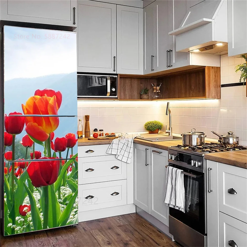 Kitchen Fruit Vegetable Vinyl Fridge Stickers Full Door Cover Adhesive Refrigerator Wallpaper Pink Flower Marble Butterfly Decal