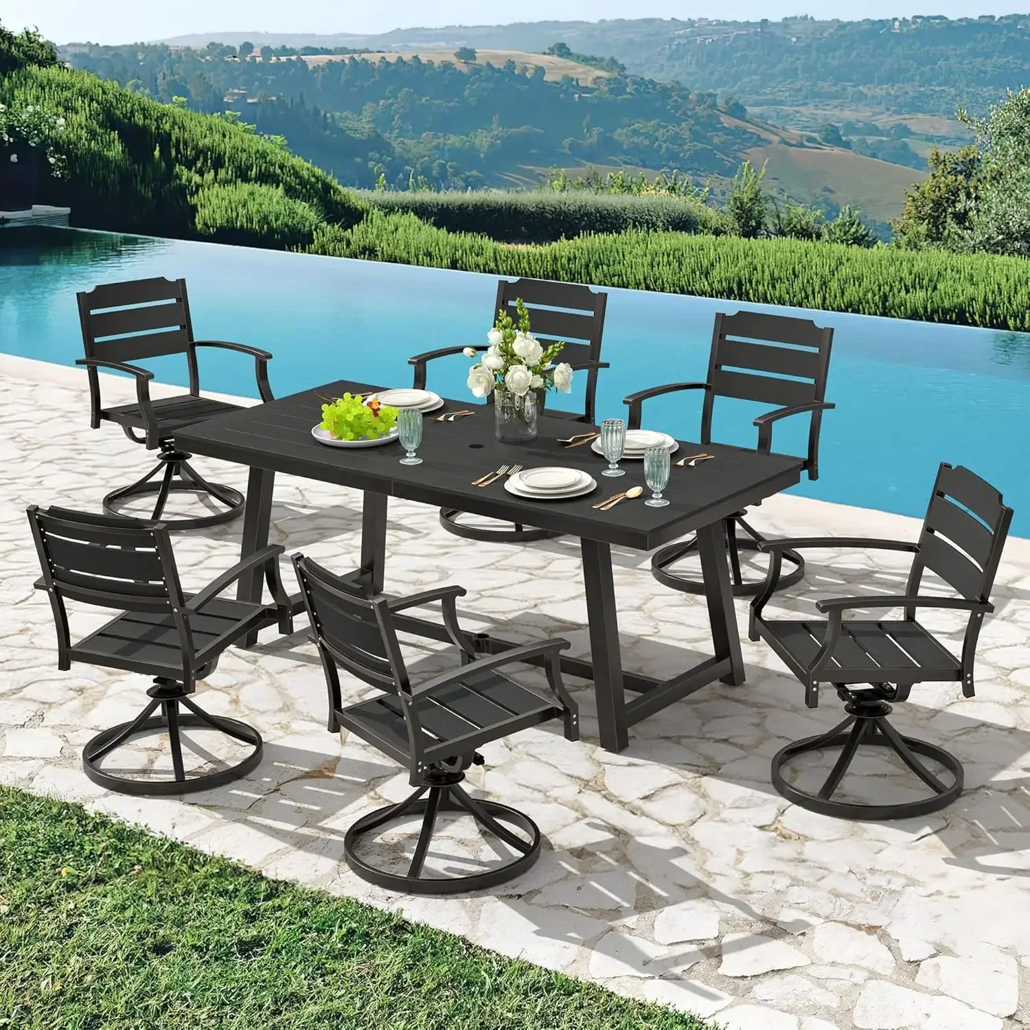 

7 pieces patio swivel dining chair,black