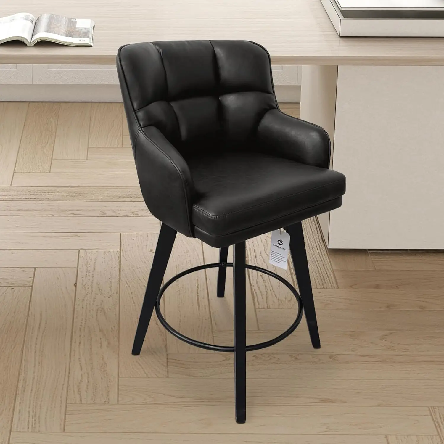 360 ° مقاعد بار ذات ارتفاع دوار مع ظهر، أرجل خشبية صلبة مقاس 26 بوصة، مقعد بار كراسي جزيرة المطبخ الحديثة، جلد صناعي (B)