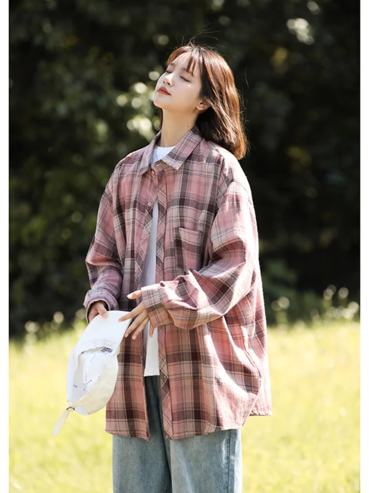 

Men's Plaid irt Casual Long Sve Loose Fit Sli Haome American Retro Spring New Outerwear Cotton 00% Youth Faion