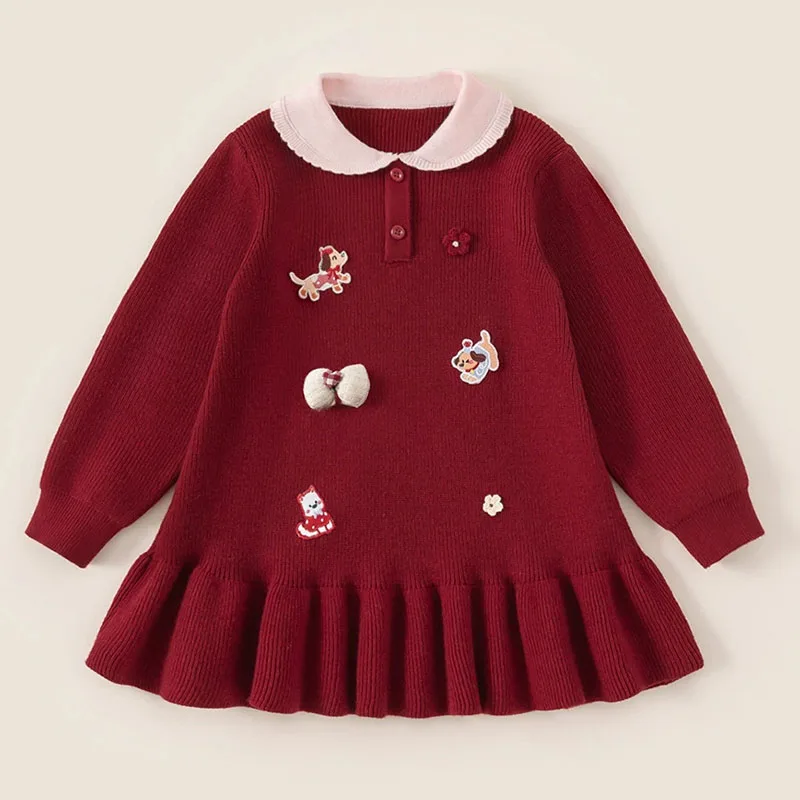 

Autumn Winter Chinese New Year Dress Girl Cartoon Cute Knit Warm Red Birthday Princess Baby Dresses Boutique Kids Clothing B362