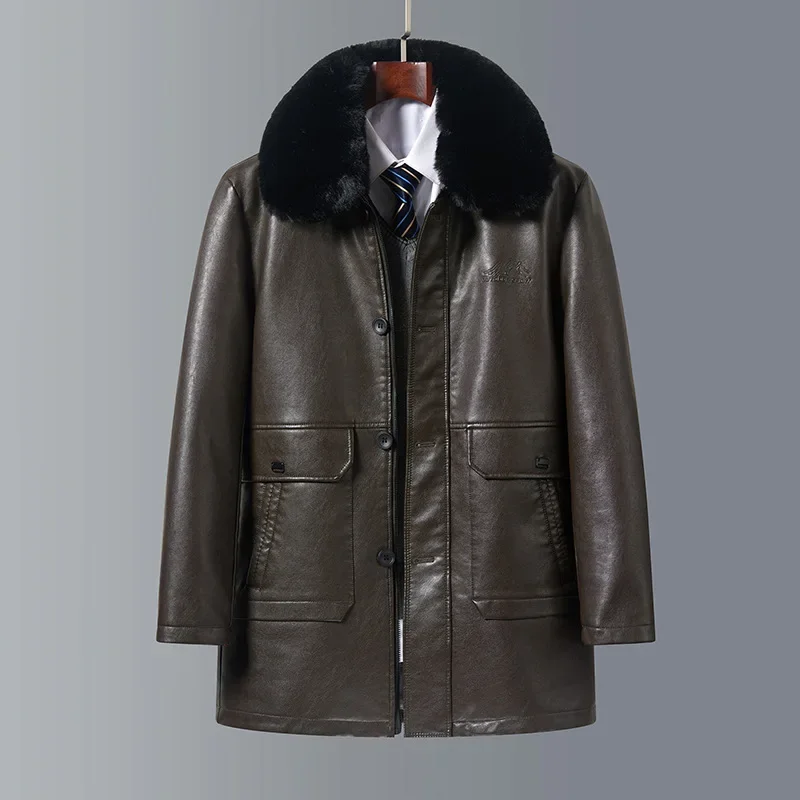 New Men Thicken Mid-Length Leather Jacket Middle-Aged and Old Father Clothes Detachable Liner Large Size Fur Collar Outwear