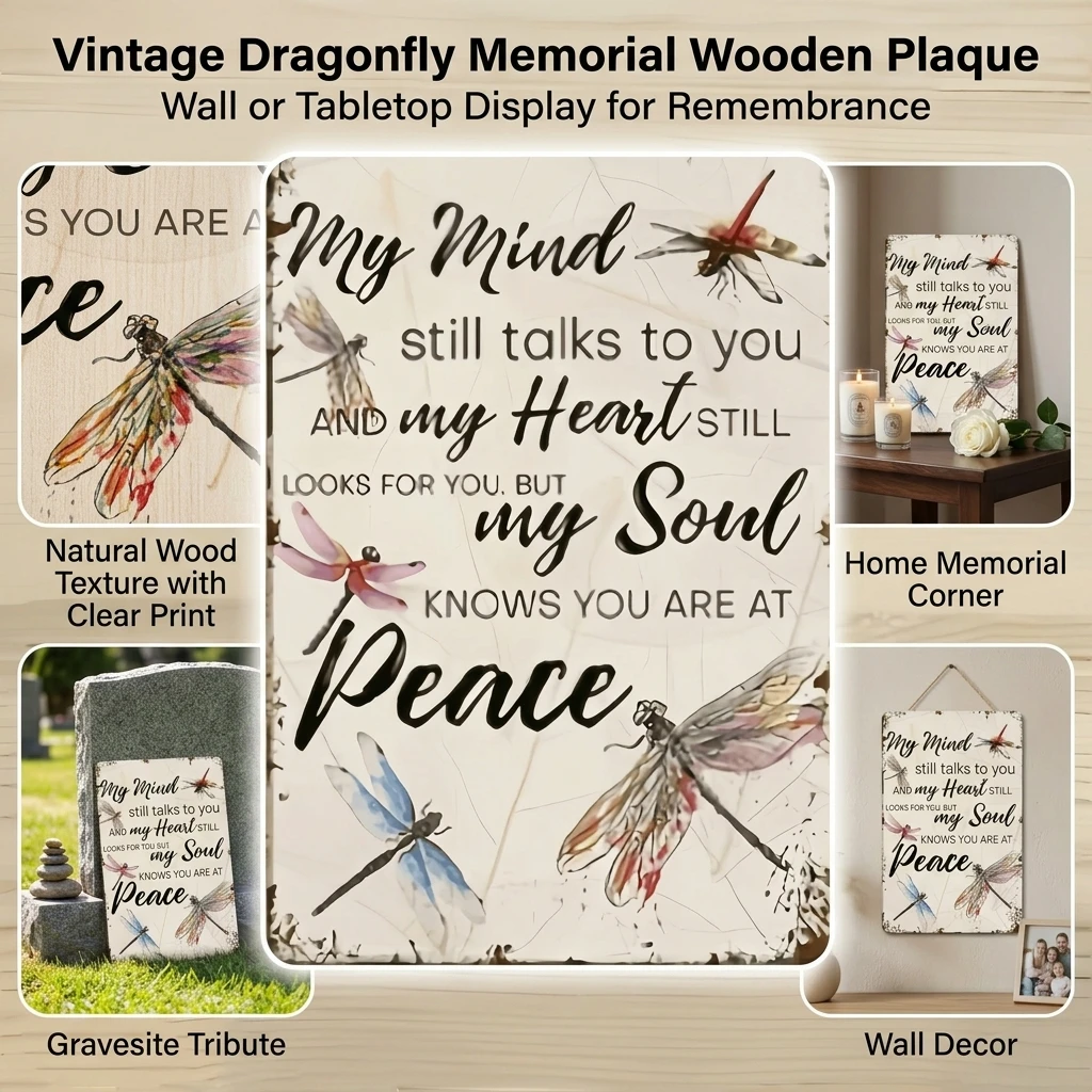 1pc Memorial Wooden Plaque Vintage Retro Dragonfly Remembrance Sign for Bereaved Family Home Decor Wall Hanging Gift