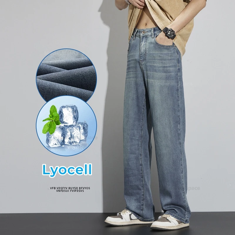 Summer Ultra-thin Baggy Jeans Men's Vintage Trousers Lyocell Soft Fashion Straight Wide Denim Pants Male Large Size 42