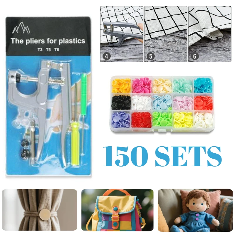 

T3/T5/T8 Snaps and Snap Pliers Set 150 Sets Plastic Buttons for Sewing and Crafting 15 Random Colors