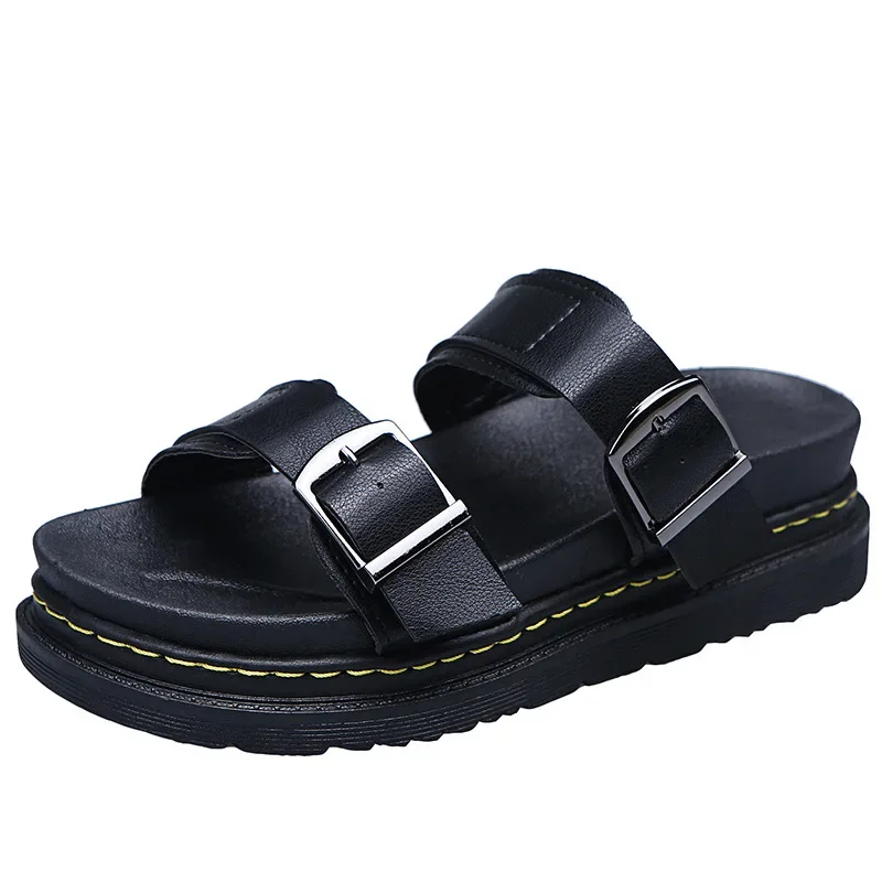 Sandalias de piel sintética con hebilla de Metal para mujer, zapatos de tacón medio para playa, talla grande 43, de lujo