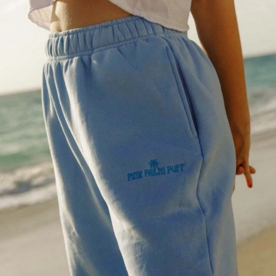 핑크 퍼프 스웨트팬츠 캐주얼 스포츠 바지 유럽 스타일 허리 밴딩 트리플 아세테이트 섬유 100% 여성 패션