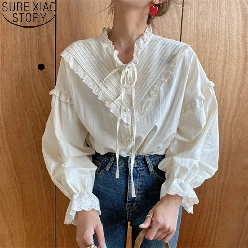 2024 Women Hollow Out Vintage Casual Elegant Tops Women Shirts Solid Long Sleeve Korean Style Bow Loose Blouses New Blusas 9580