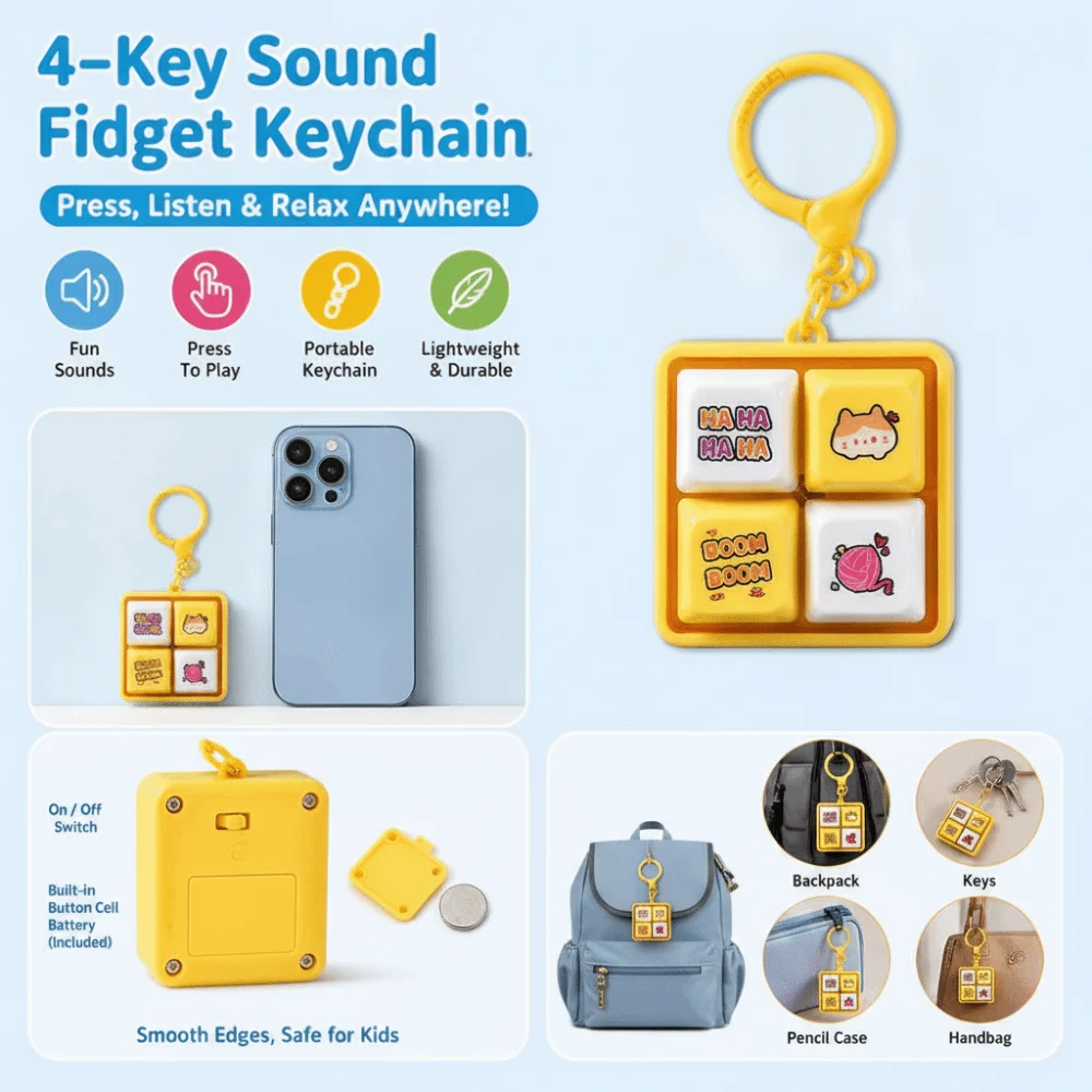 Plastic Sound Button Keychain Four Button Layout Cartoon Pattern Fidget Keychain Square Shape Keyring Clip Cartoon Keychain