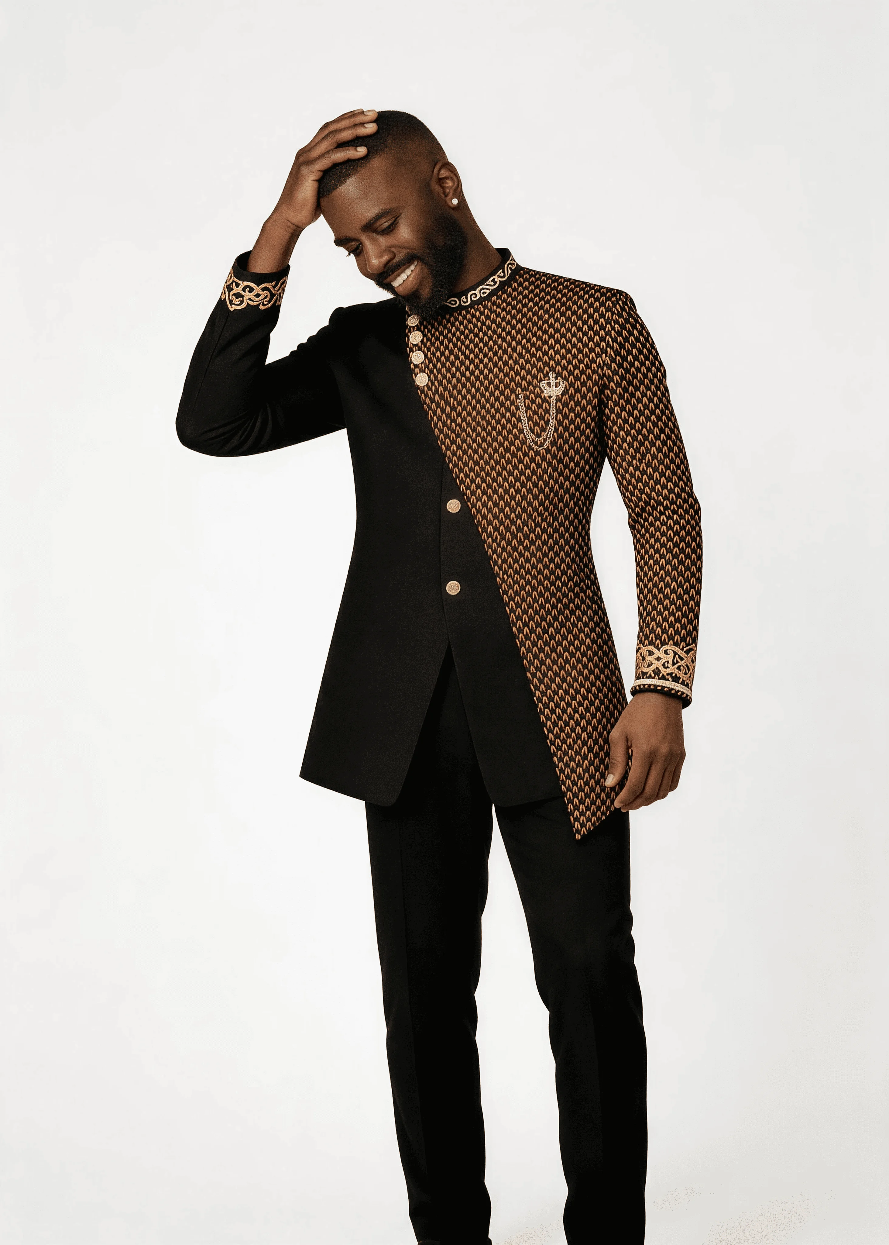 

Men’s Black Gold Geometric Pattern Patchwork Formal Wear Set Stand Collar 2 Piece Wedding Groom Tunic Jacket & Pants Prom Gala O