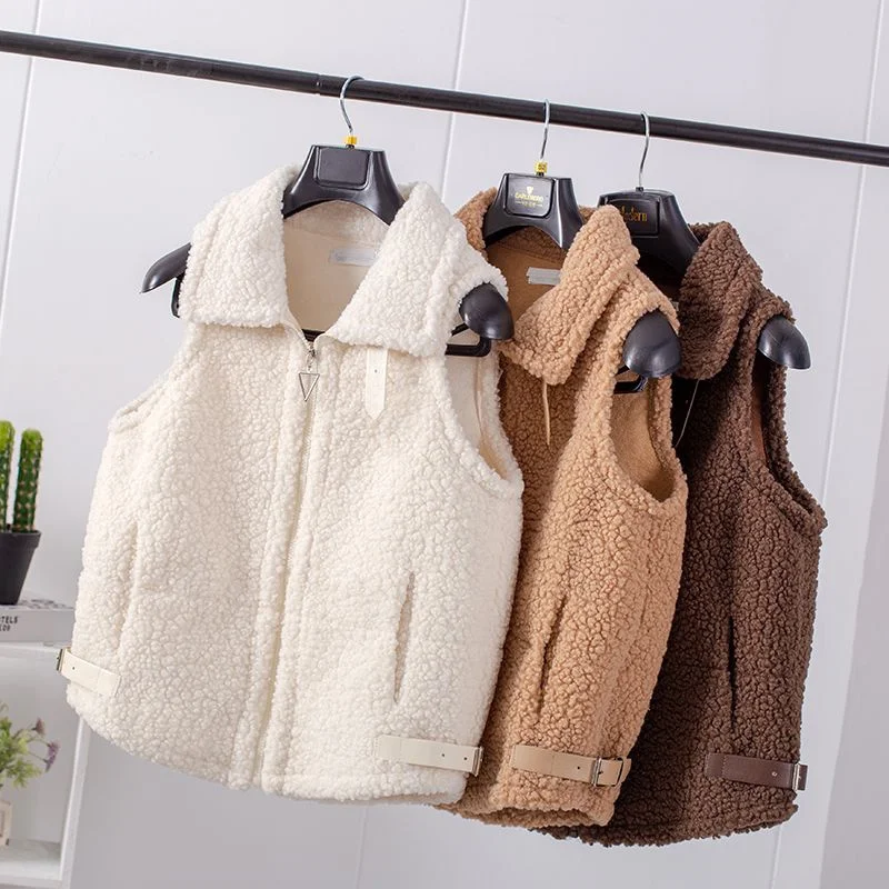 

Lamb Wool Vest Coat Girl 2024 New Autumn Winter Fur Horse Clip Sleeveless Jacket Fashion Loose Joker Short Waistcoat Tops Ladies