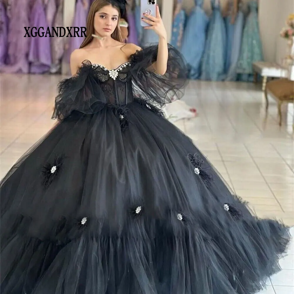 Erstaunliche schwarze quincenrara kleider mexico vestidos de 15 años quinceañeras 3d floral xv brithday party kleid süßes 16 kleid