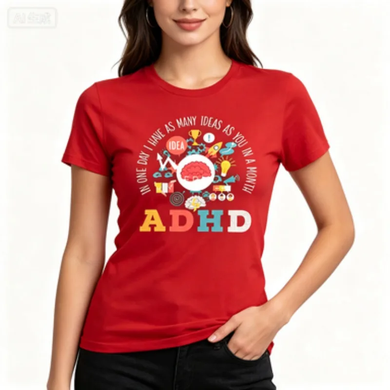 Female  Slim Tshirt Neurodivergent ADHD Slogan Creative Mind Idea Symbols Print Funny Mental Awareness Casual Short Sleeve Shirt