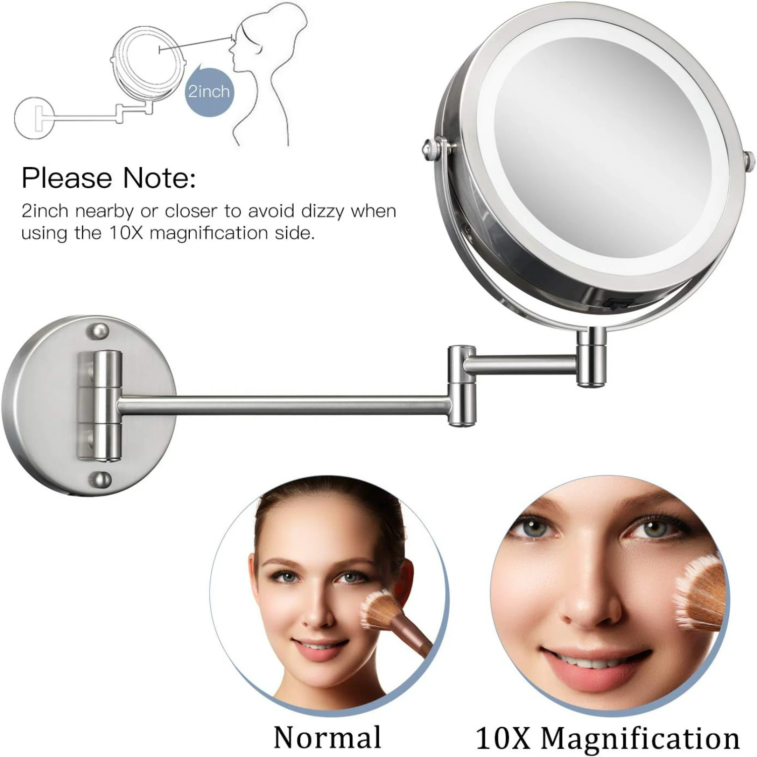 Cordless LED Makeup Mirror with 10x Magnification, Brushed Nickel Finish, Swivel Design, Battery Powered, Ideal for Bathrooms, H