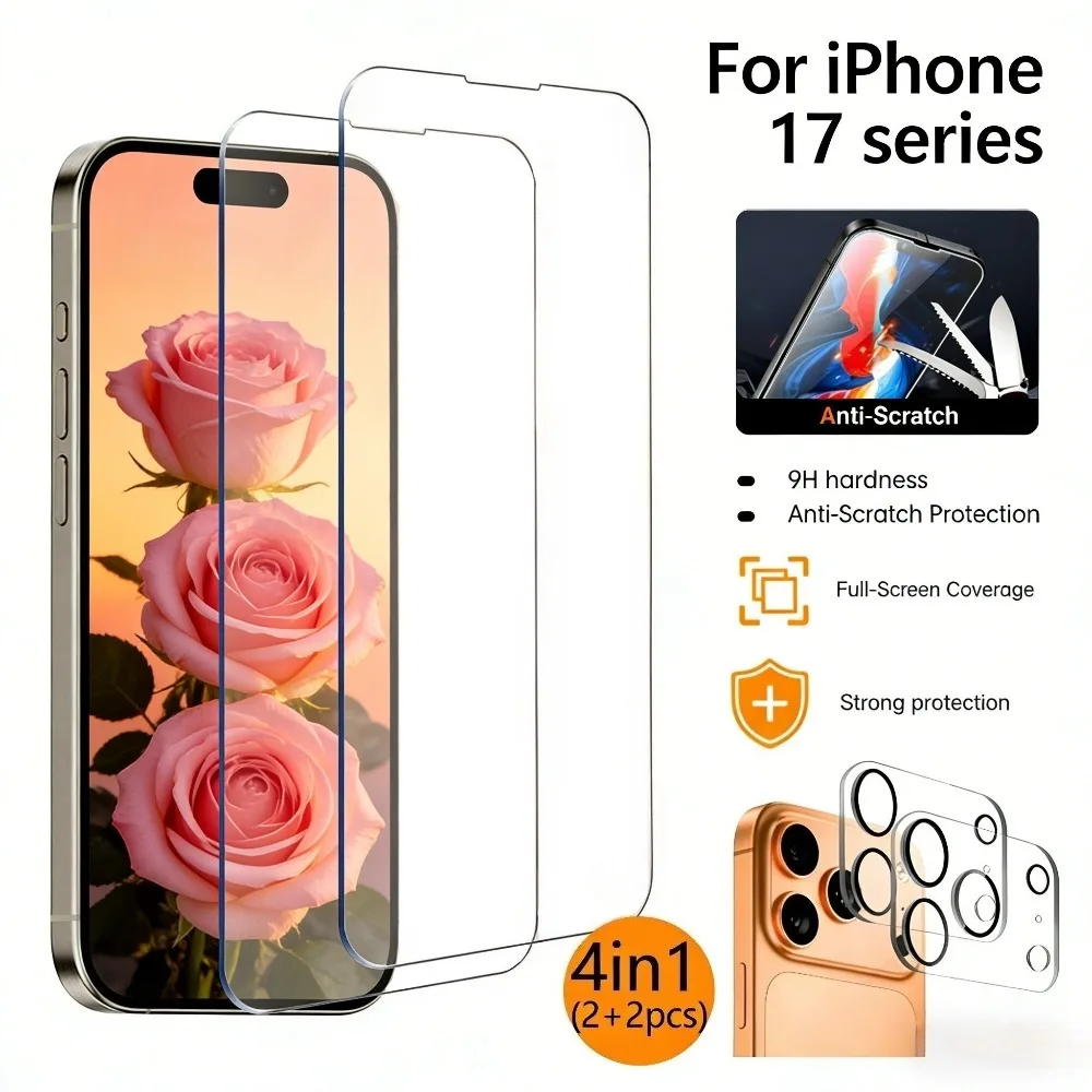 

2Pcs Full Cover Tempered Glass for iPhone 17 16 15 14 Pro Max Air 17e 16 15 Plus 13 12 11 Pro With 2Pcs HD Camera Lens Protector