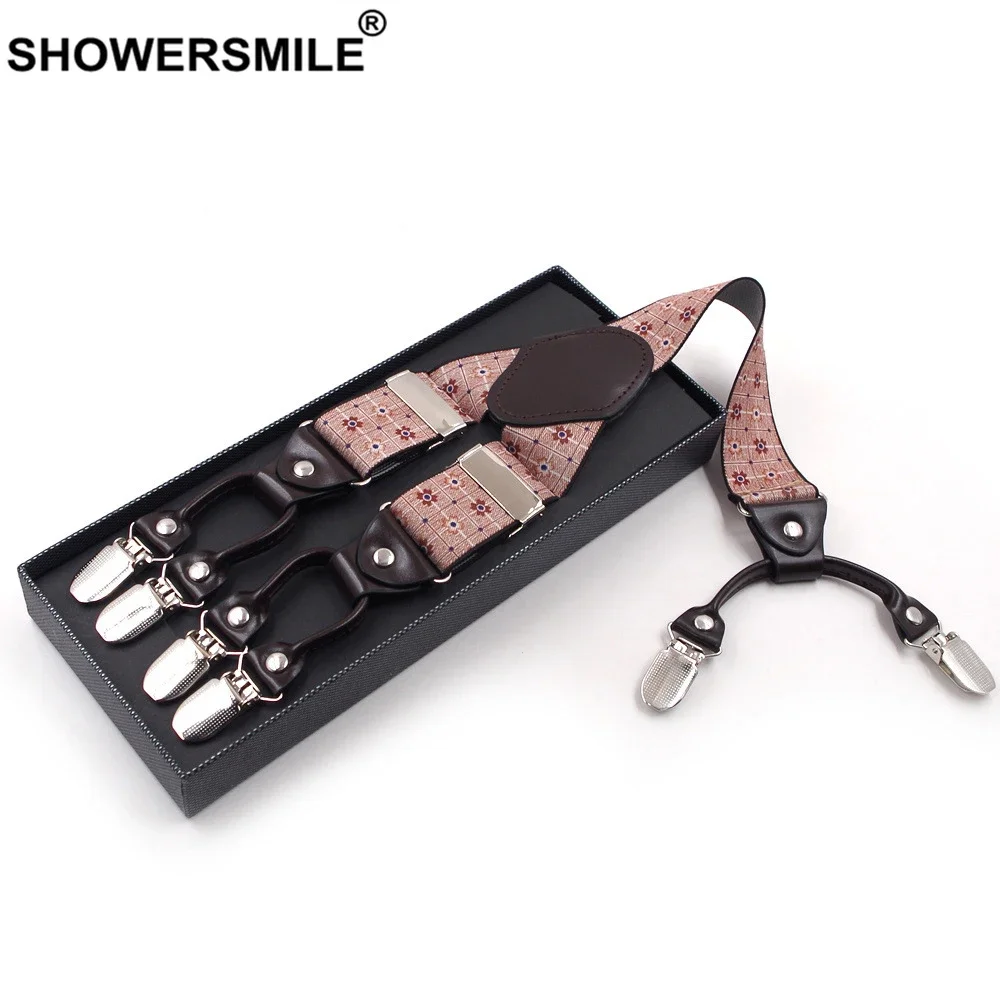 SHOWERSMILE Wide Adult Suspenders Men Braces 6 Clips Plaid Floral Leather Strap High Quality Male Elastic Suspenders 120cm