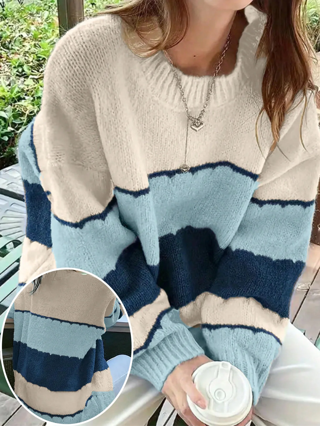 

Plus Size Women's Casual Crew Neck Color Block Striped Knit Long Sleeve Sweater, Perfect for Fall & Winter