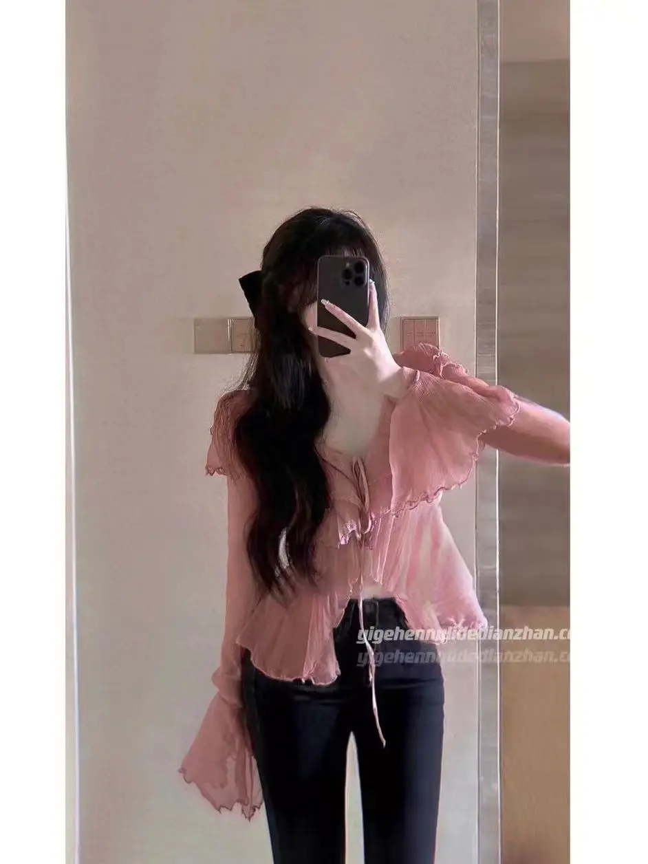 2023 Summer French Style Women Blouse Sweet Sexy Ruffled Edge Horn Sleeve Long Sleeve Pretty Fashion New Design