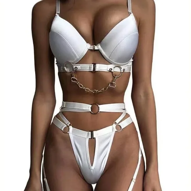 

Sexy Fashion Exotic Apparel Suit with Metal Chain Motorcycle Accessories Women Solid Four Piece Set Front Open Button Underwear