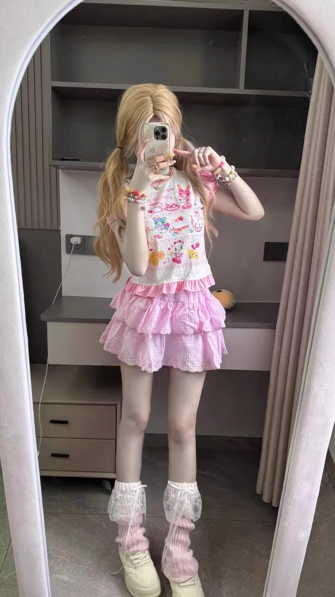 Y2K Millennium Subculture Mezzopiano Japanese Cartoon Print ort Sve T-irt Women's Summer Daughter's Clothing Top