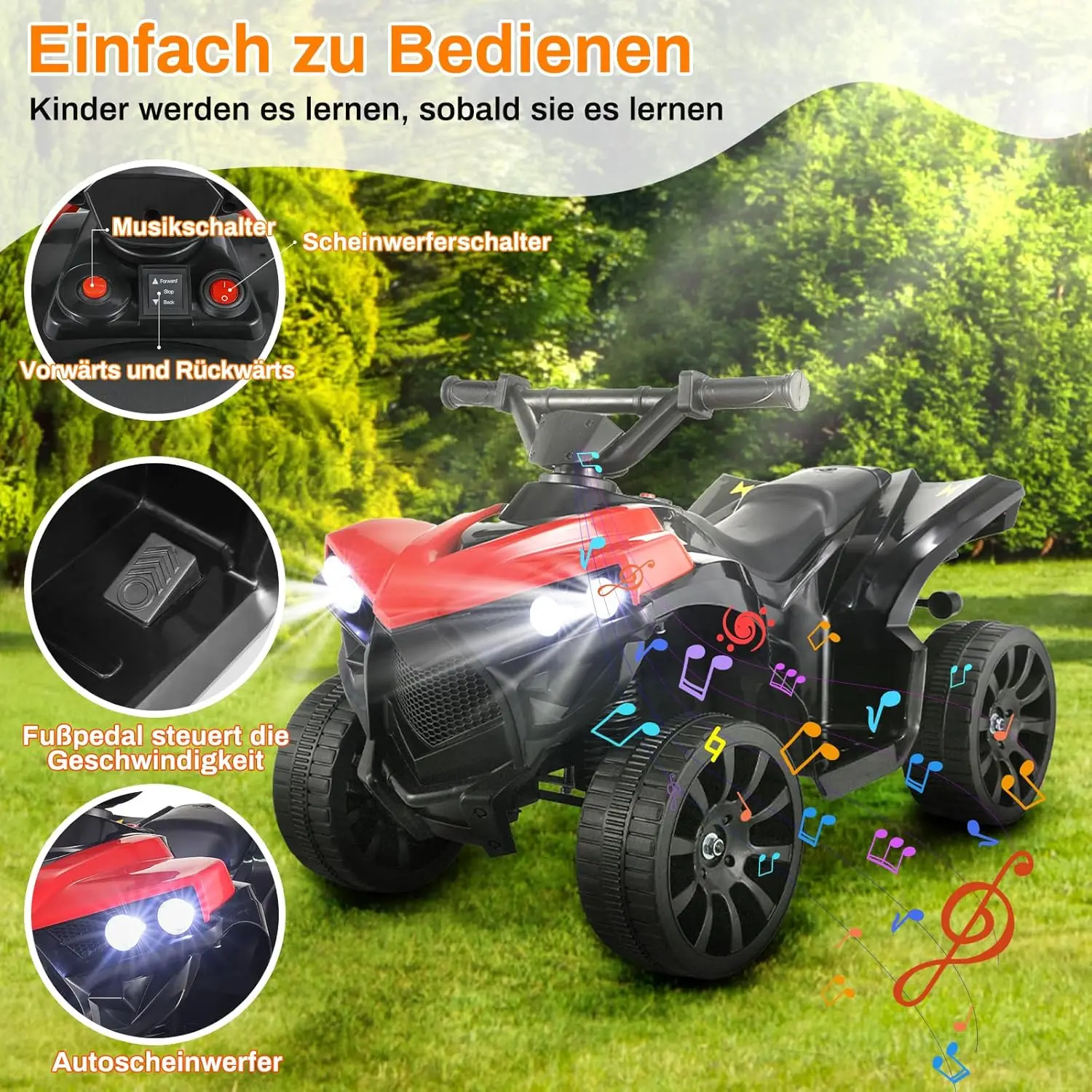 Kinder fahren auf ATV, elektrisches Gelände-Quad-Auto, 6 V, batteriebetrieben, mit Musik, Licht, Rot