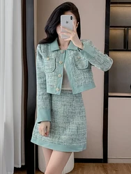 Temperament Tweed Ensemble Fall Winter Women Crop Blazer Skirts Suit Female Jacket + Mini Skirt High Quality Two Pieces Suit