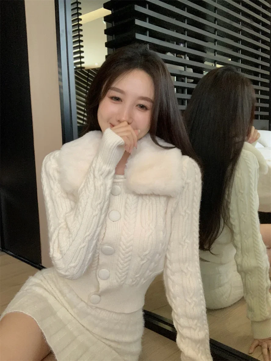 Winter Casual Knitted Cardigans Fur Collar Ribbed Knitwear Long Sleeve Single Breast Sweaters Jumper Women's Streetwear Knit Top