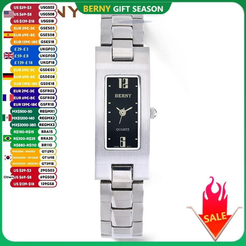 Reloj BERNY para mujer, esfera cuadrada de cuarzo, vestido de acero inoxidable, reloj de pulsera Rectangular, reloj para mujer, relojes impermeables