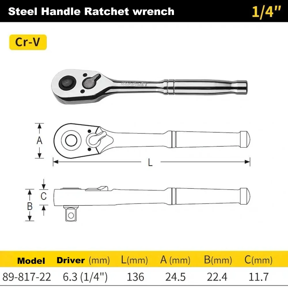 Stanley Professional Steel Handle Ratchet Wrench for Mechanic 89-817-22 45/54-tooth Ratchet Head 1/4inch 3/8inch 1/2inch CR-V