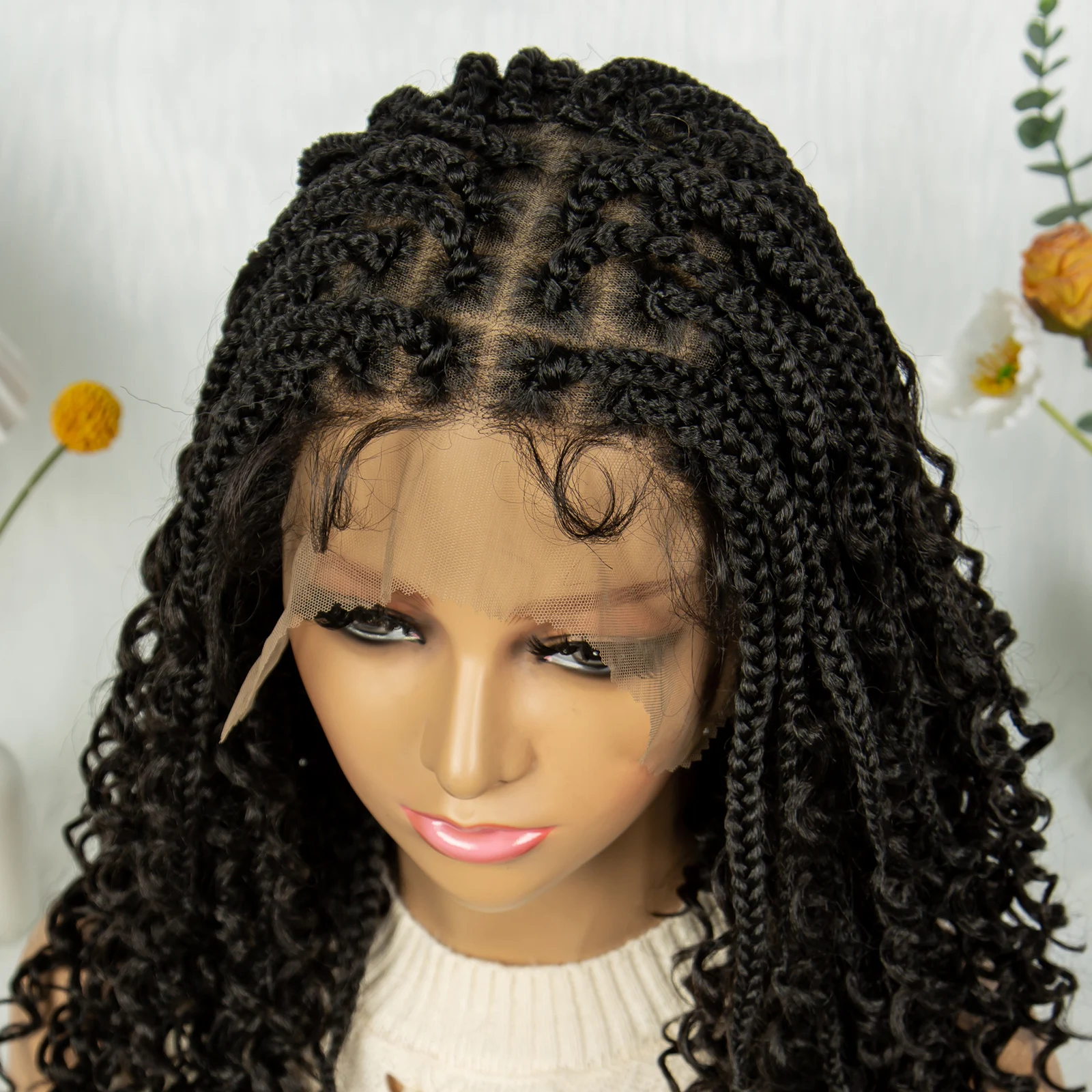 Богемные плетеные парики Boho Box Braid Wigs Без узлов Goddess Locs Синтетические парики с вьющимися концами Синтетический полный кружевной плетеный парик