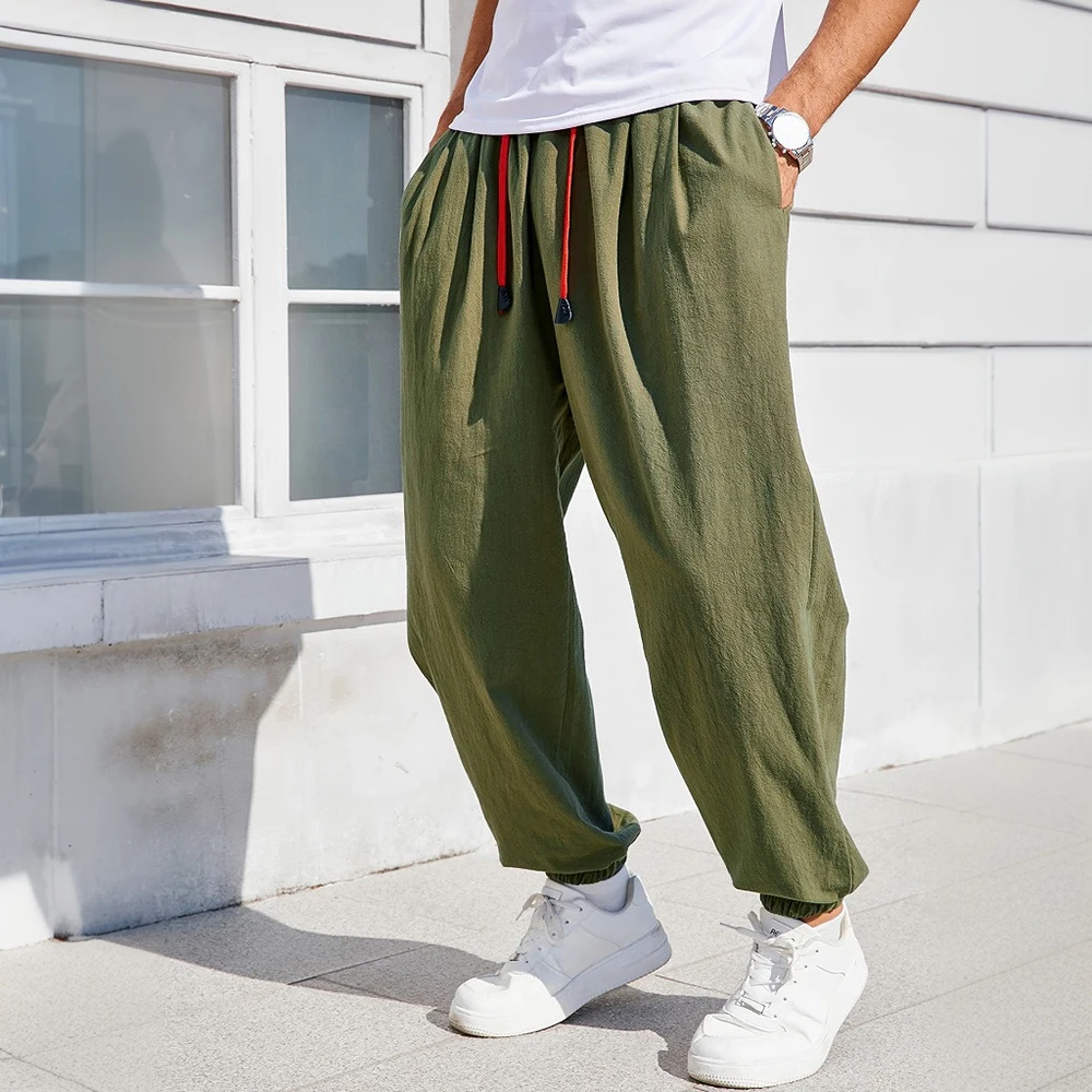 

Men's Cotton Linen Harem Pants Loose Fit Solid Color Casual Trousers Cozy Soft Sweatpants Breathable Joggers Male Long Pants