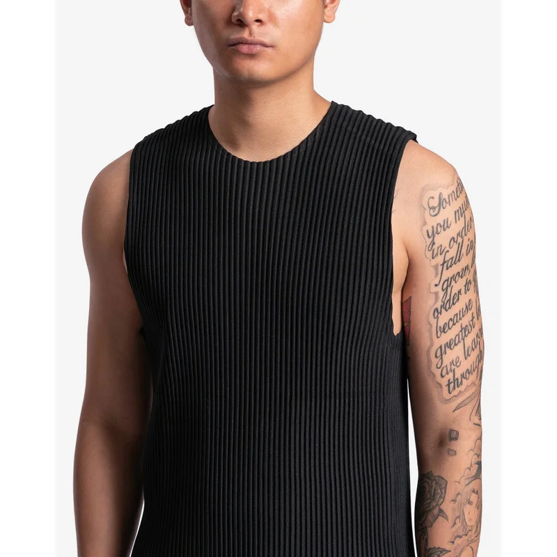 Miyake Pleated Men's Tank Top Sleeveless Vest Japanese Minimalist Loose Fit Casual Shirt Wrinkle