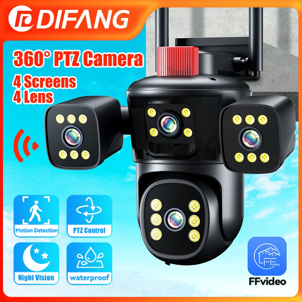 8K WIFI Outdoor PTZ Security Camera 4Len 4 Screen AI Human-Shaped Tracking Audio-Visual Alarms 7/24H Recording Surveillance CCTV