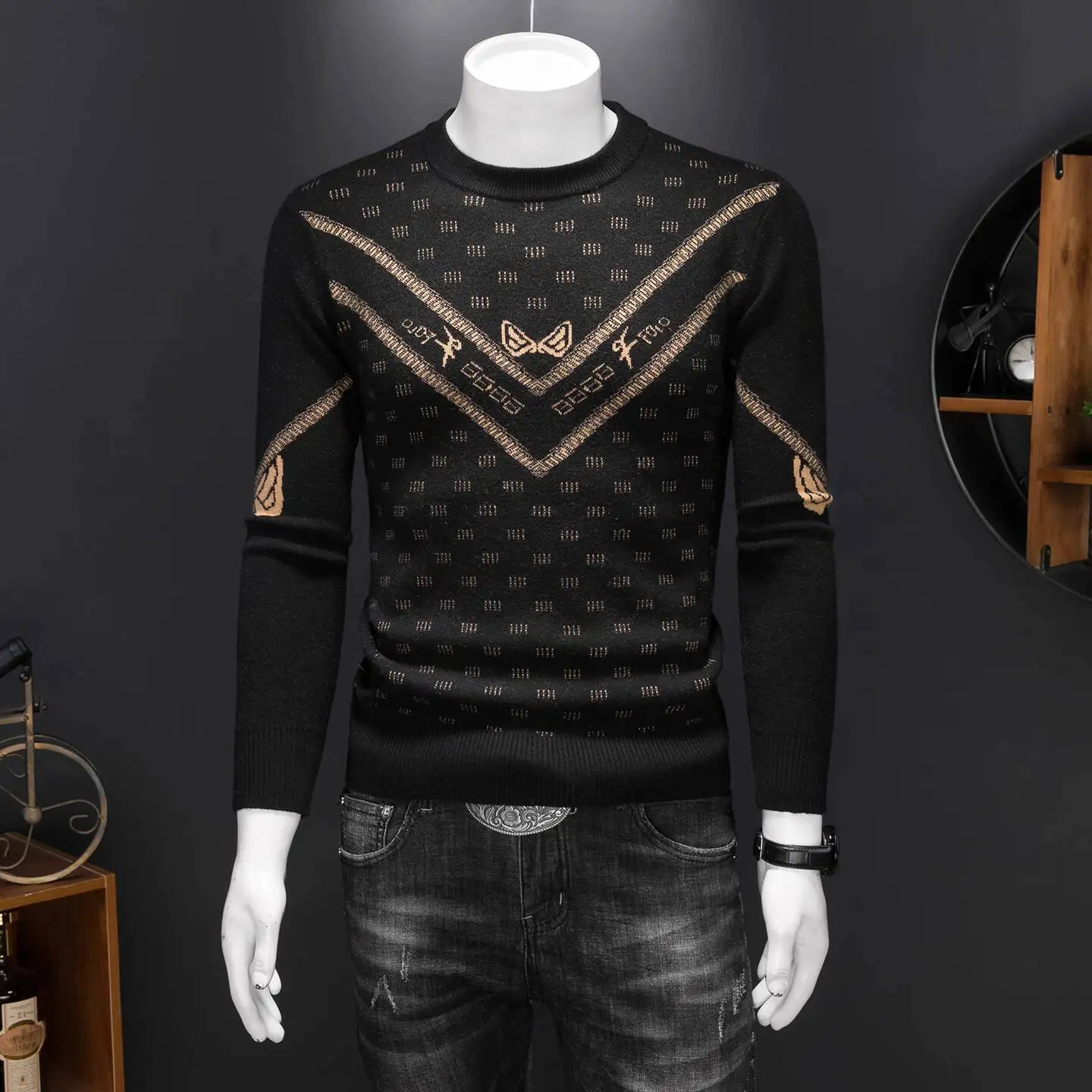 Vintage Fashion Sweater Men Winter Men's Jacquard Sweater Wool Blend Sweater Round-neck Knitted Shirt Club Outfits Base Shirt
