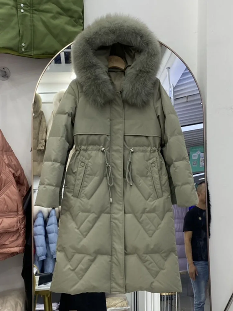 Doudoune longue épaissie pour femme avec col en fourrure de renard véritable, parka version coréenne, manteau chaud à la taille, mode féminine,