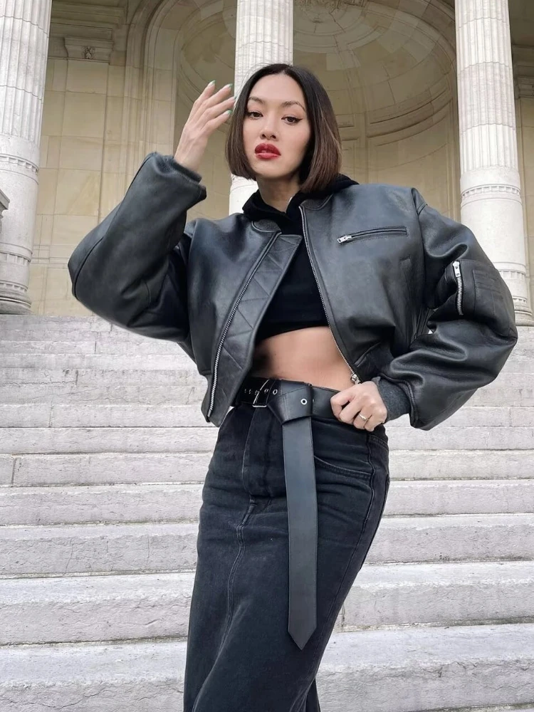 Vintage Zipper Motorcycle Leather Jacket for Women Trend Autumn New Loose Long-sleeved PU Leather Jacket Black High Quality Coat