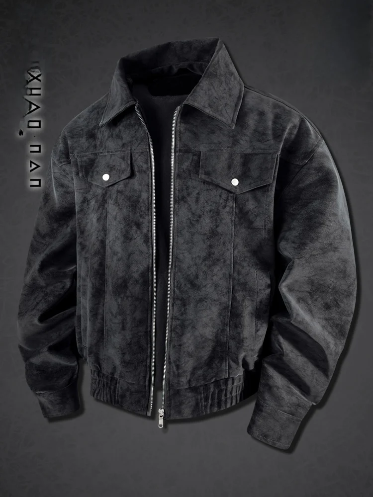 

Модная мужская куртка из искусственной замши в гонконгском стиле, повседневная, с воротником, осенняя, модная, рабочая одежда, имитация кожаного пальто