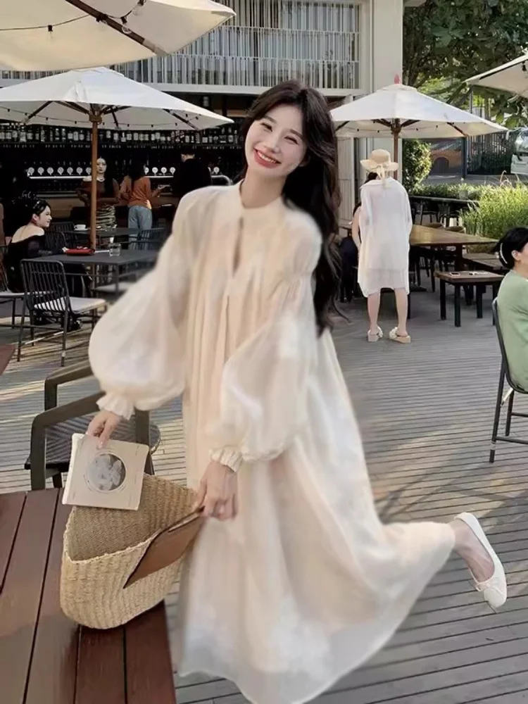 

Light Luxury Embroidery Lantern Sleeve Dress Women's Spring Exquisite Adult Lady like Woman New Long Dress Tea in the Tea Air We