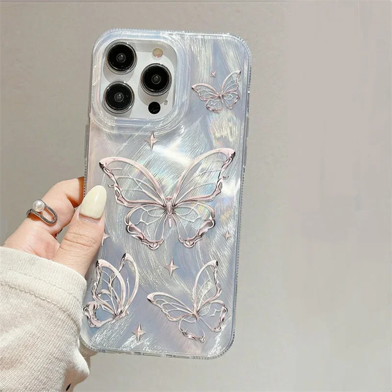 Green Gradient Butterfly Fox Tail Phone Case For iPhone 11 12 13 14 15 Pro Max XR XS X 7 8 Plus SE 2022 Shockproof Glitter Cover