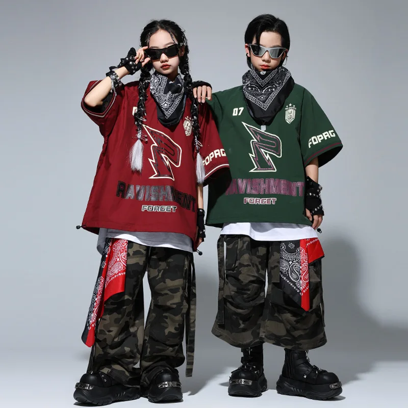 

Child Boy Girl Streetwear Hip Hop Jazz Sports T-shirt Camouflage Cargo Pants Sets Kids Summer Tracksuits Stage Clothes Costume