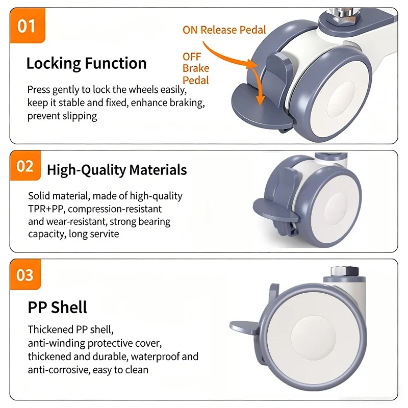5PCS 2.5 inch TPR Silent Swivel Casters with Brake - 11x22mm Heavy Duty Office Chair Wheels & Furniture Casters