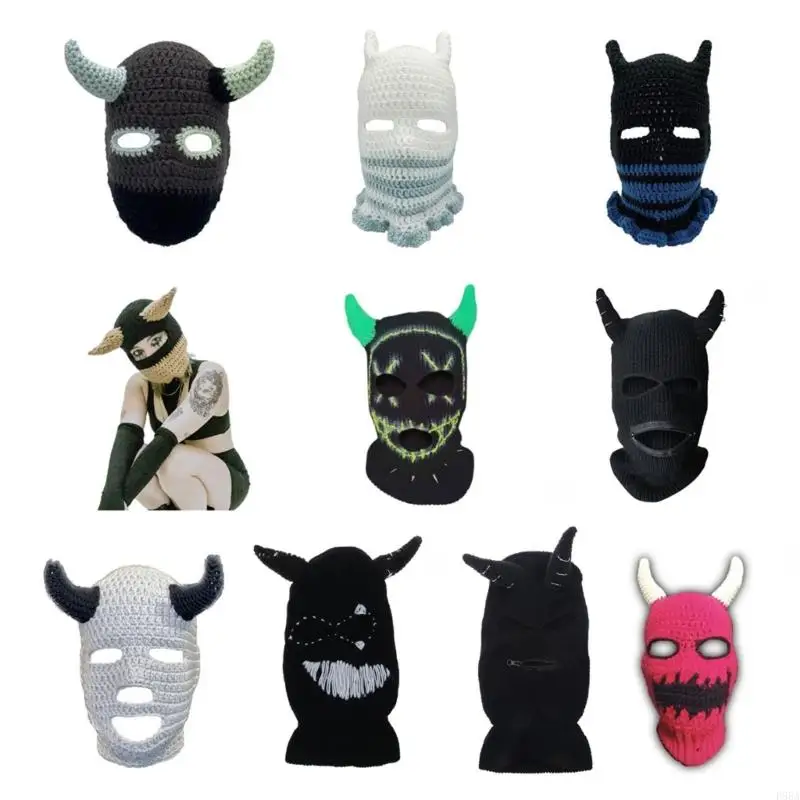 P88A Devil Horn Halloween Knitted Hat Warm Full Face Cover Ski Mask Hat Windproof Balaclava Hat for Men Womens